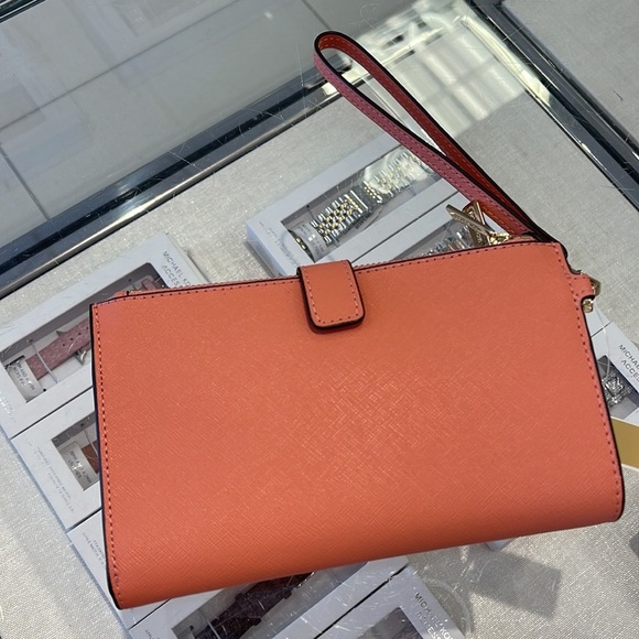 Michael Kors Jet Set Travel Leather Large Double Zip Wallet Wristlet Sherbert - Picture 2 of 16